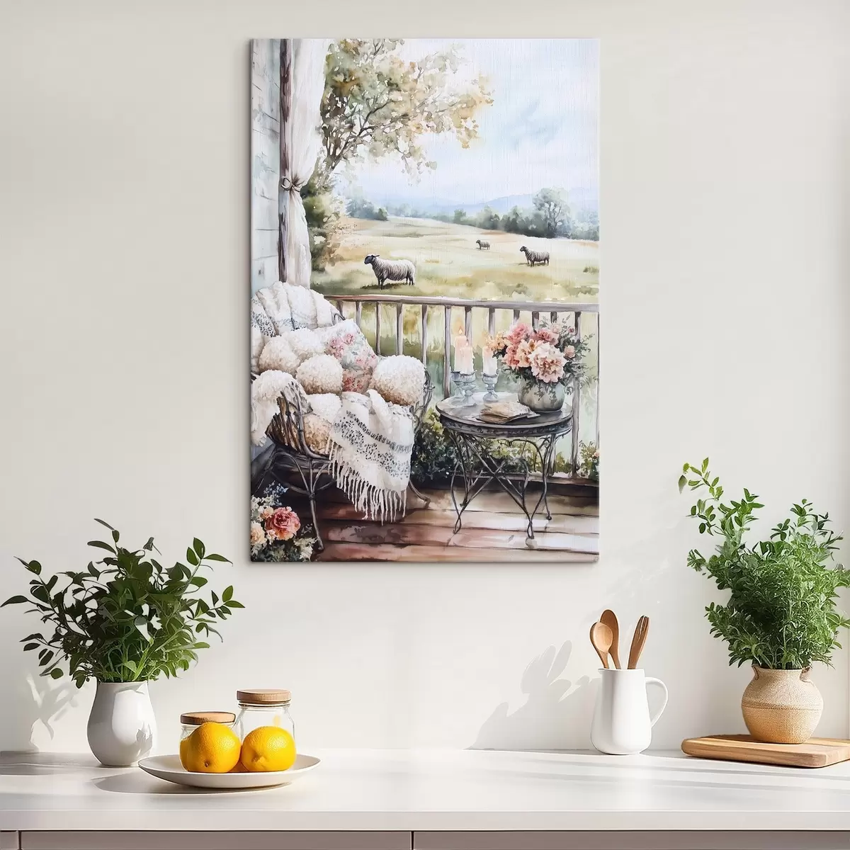 murales de pared Granja de campo con ovejas, campos, flores rústicas, estilo acuarela s44014