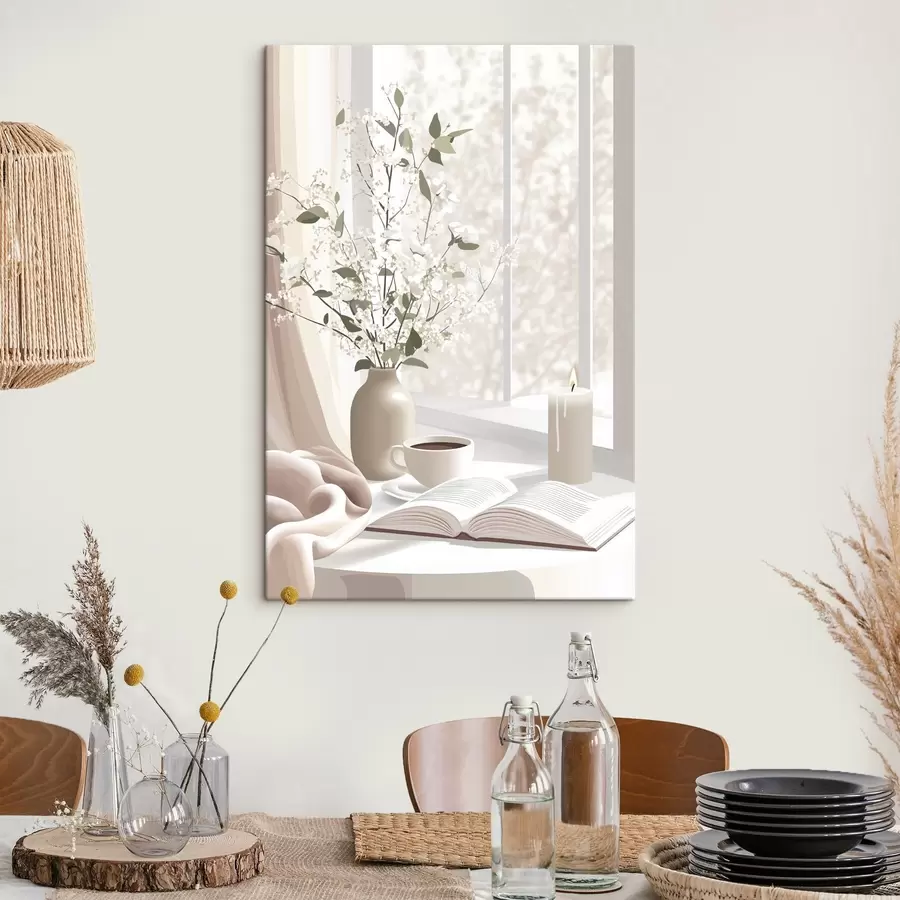 murales de pared Mañana de primavera con café y flores, suaves colores pastel s44015