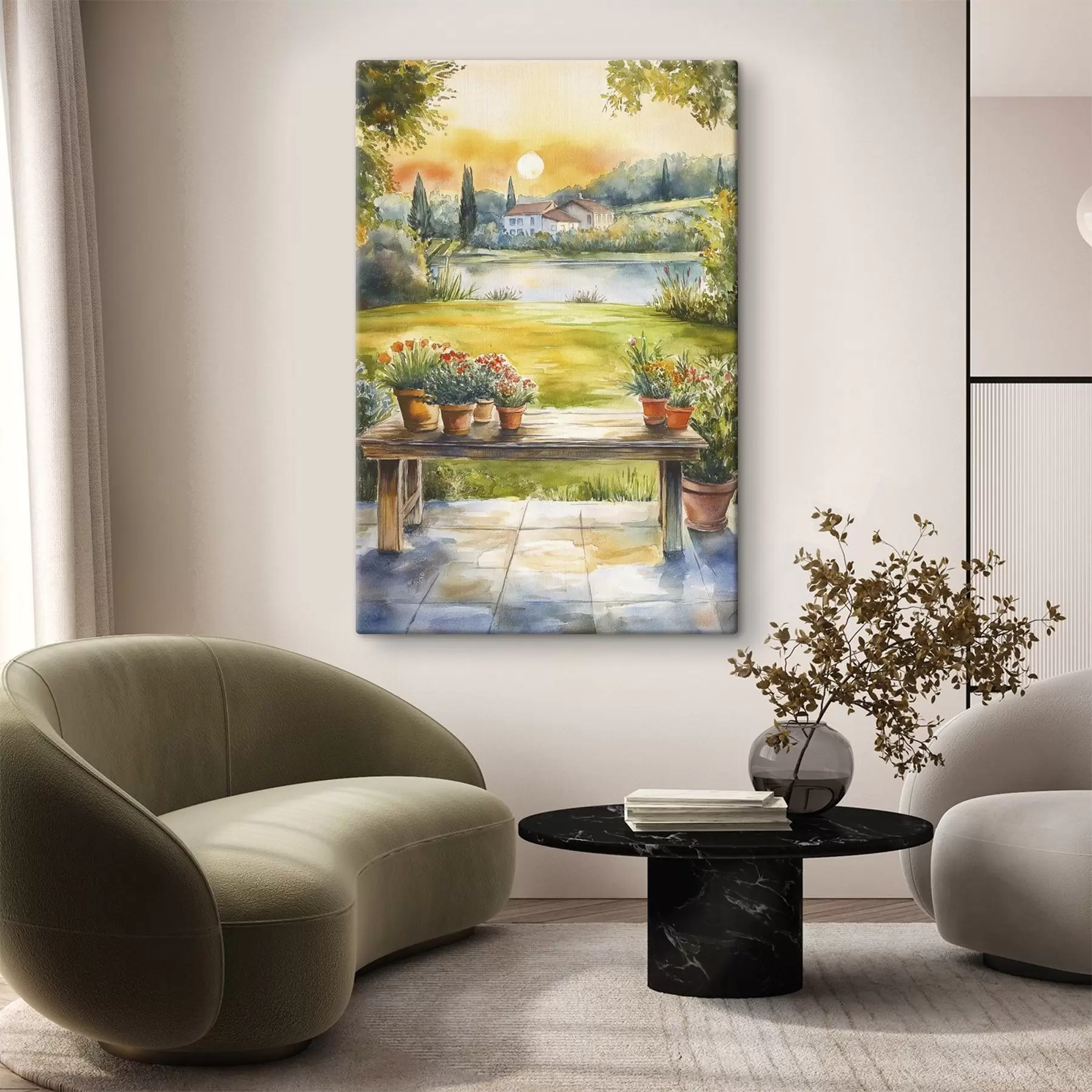 murales de pared Pueblo en la puesta de sol, rústico, flores de verano, lago, estilo acuarela s44016