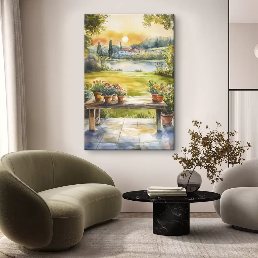 murales de pared Pueblo en la puesta de sol, rústico, flores de verano, lago, estilo acuarela s44016