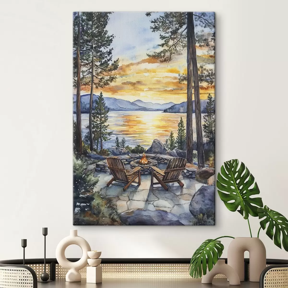 murales de pared Lago con montañas en la puesta de sol, viajar, acogedora chimenea, acuarela s44018