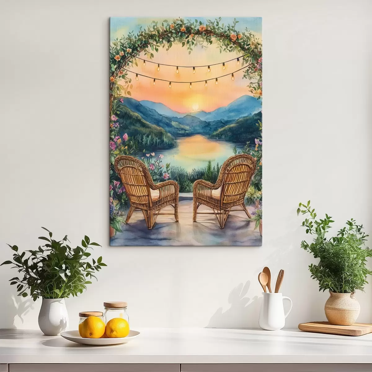 murales de pared Sillas de mimbre en la puesta de sol, paisaje de montaña, estilo boho s44020