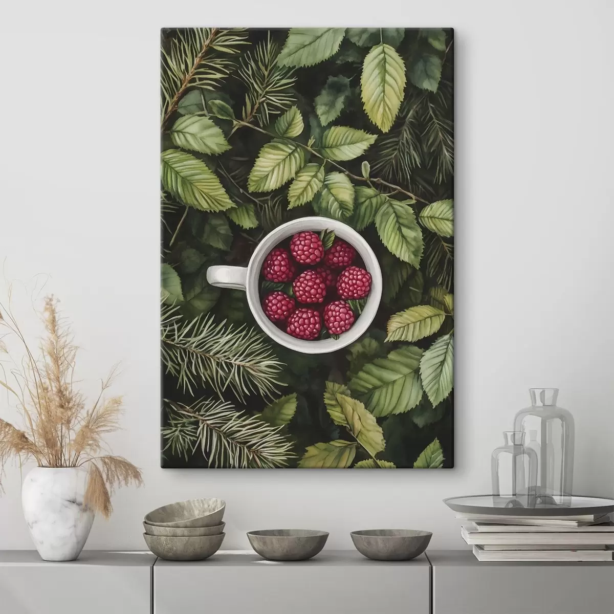 murales de pared Taza de frambuesas en el bosque verde, naturaleza, estilo acuarela s44021