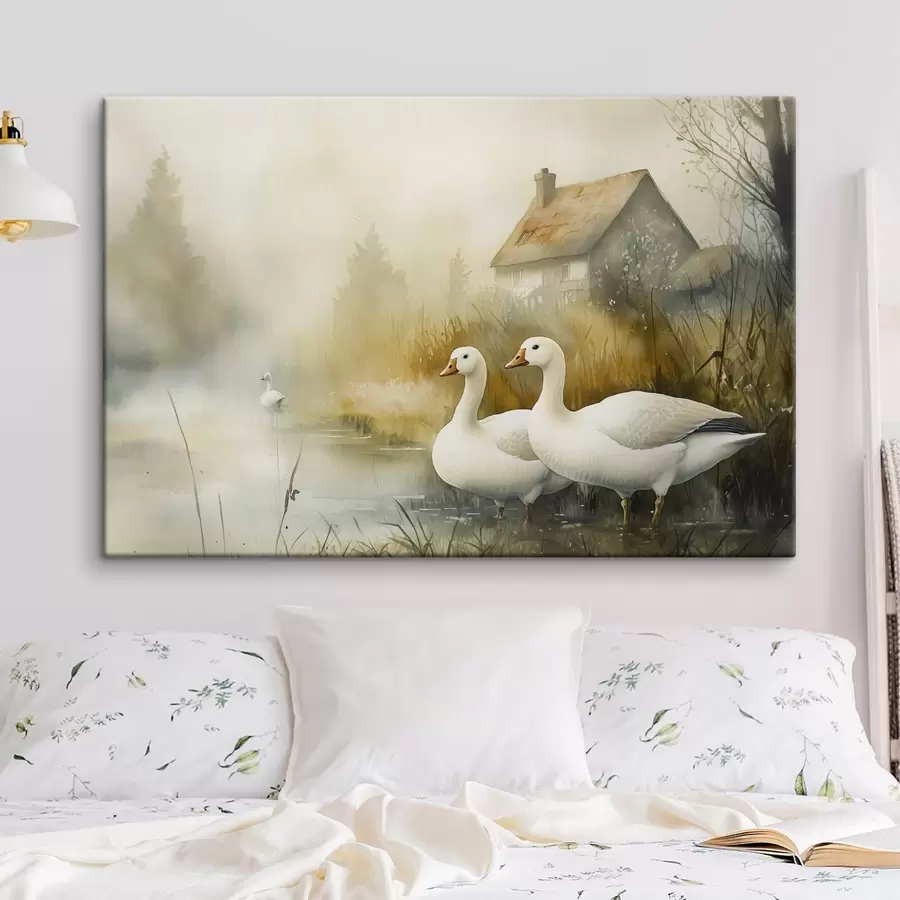 murales de pared Gansos en el lago cerca de granja, estilo rústico, acuarela s44022