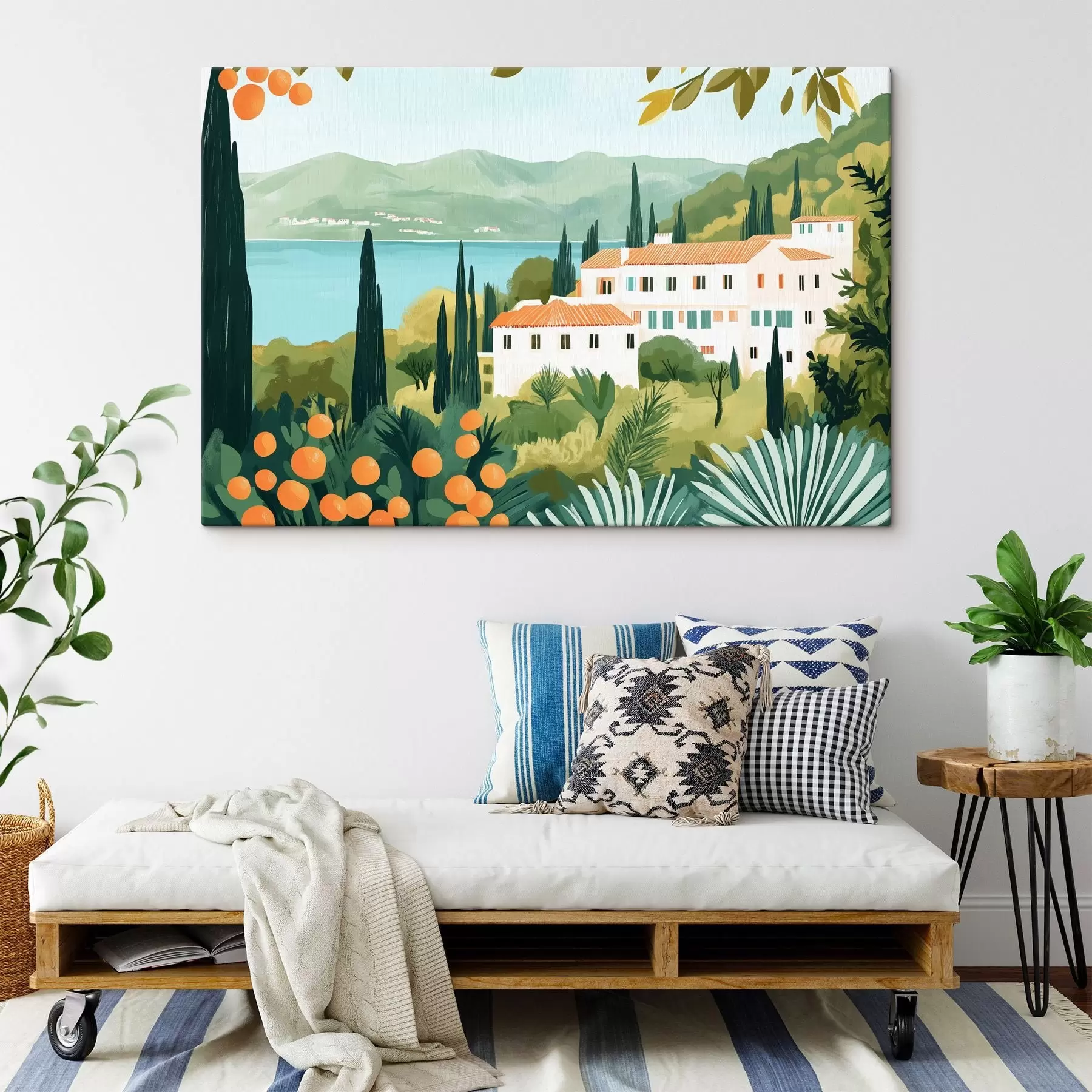 murales de pared Paisajes mediterráneos con naranjos y casas, costa del mar s44027