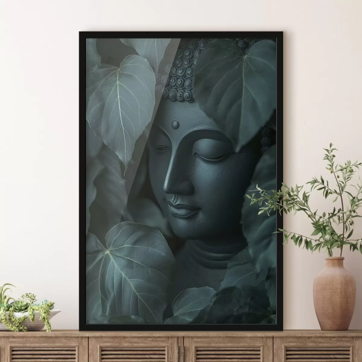 Poster Buda en las hojas verdes, Budismo, tropical, realismo f44004
