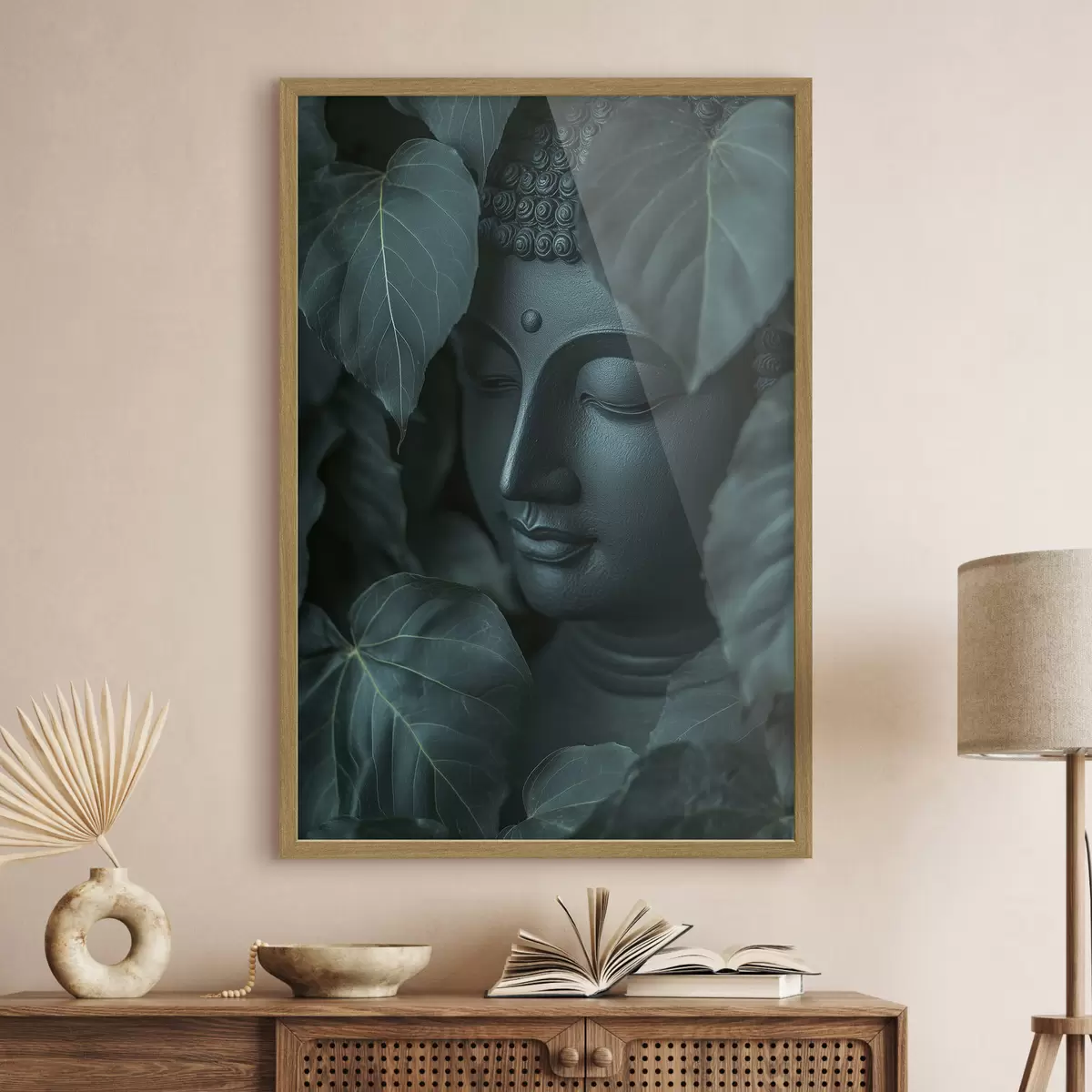 Poster Buda en las hojas verdes, Budismo, tropical, realismo f44004