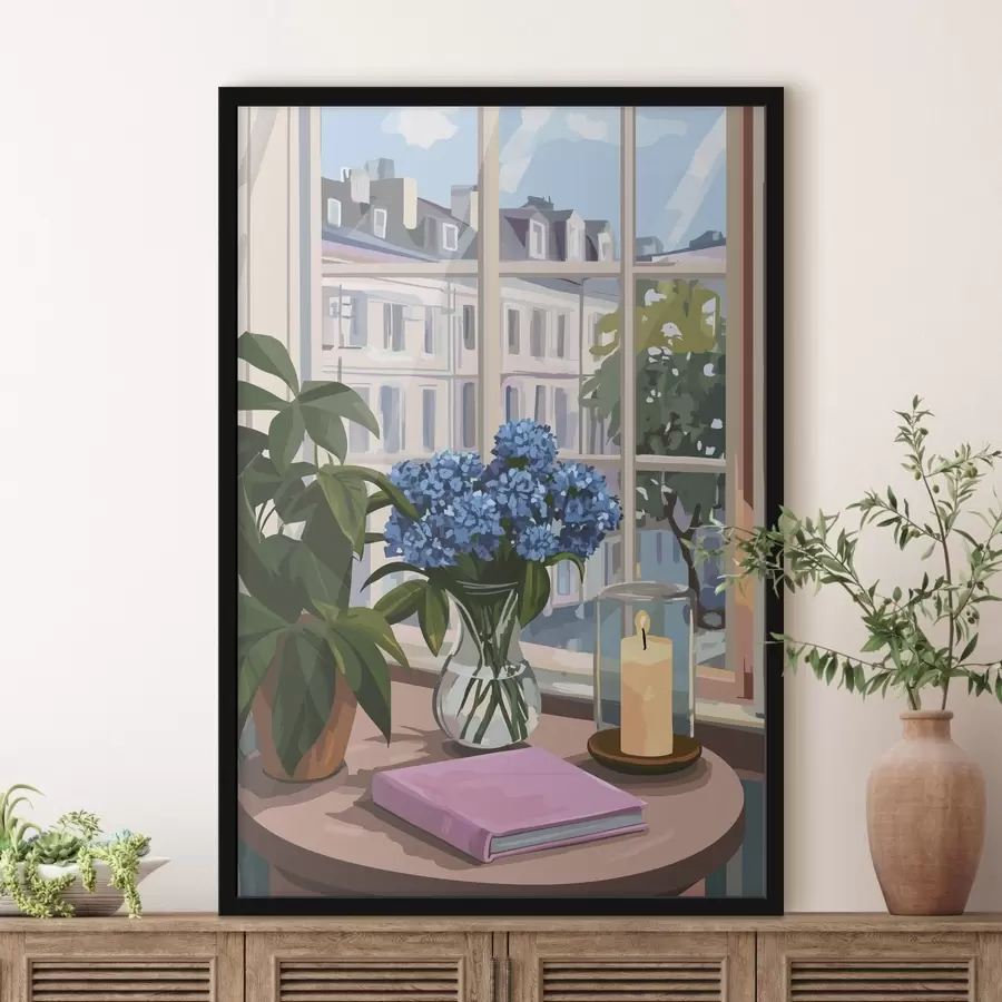 murales de pared Hortensias en el jarrón, vista a la ventana, vela, hogar acogedor f44009