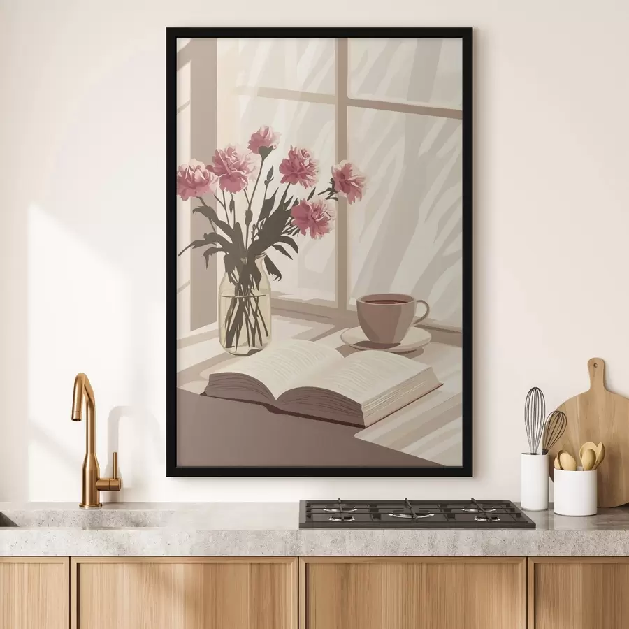 murales de pared Estética matinal, taza de café, libro, flores de clavel f44012