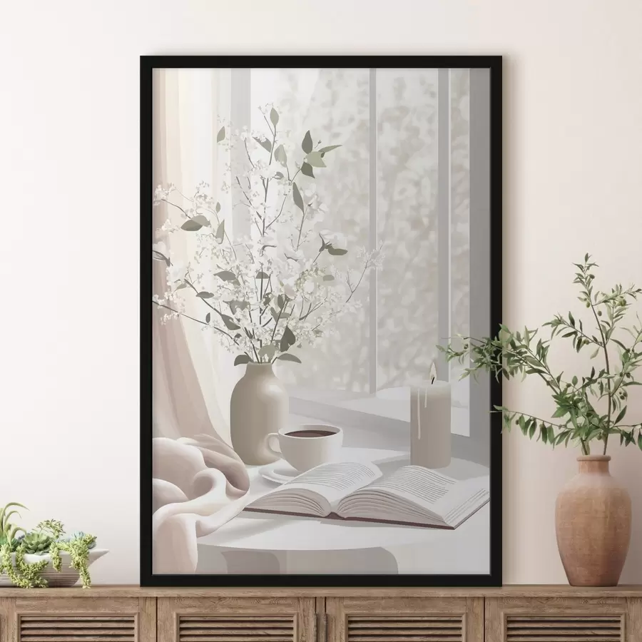 murales de pared Mañana de primavera con café y flores, suaves colores pastel f44015