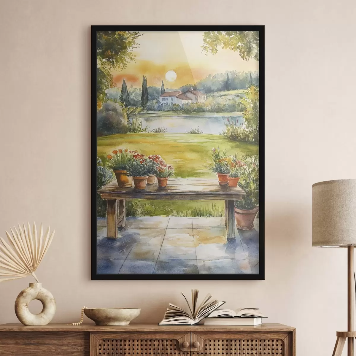 Poster Pueblo en la puesta de sol, rústico, flores de verano, lago, estilo acuarela f44016