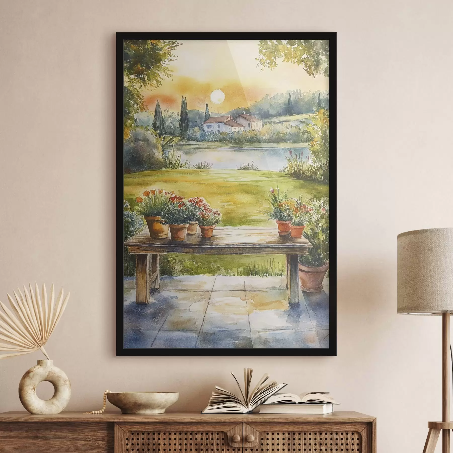 murales de pared Pueblo en la puesta de sol, rústico, flores de verano, lago, estilo acuarela f44016