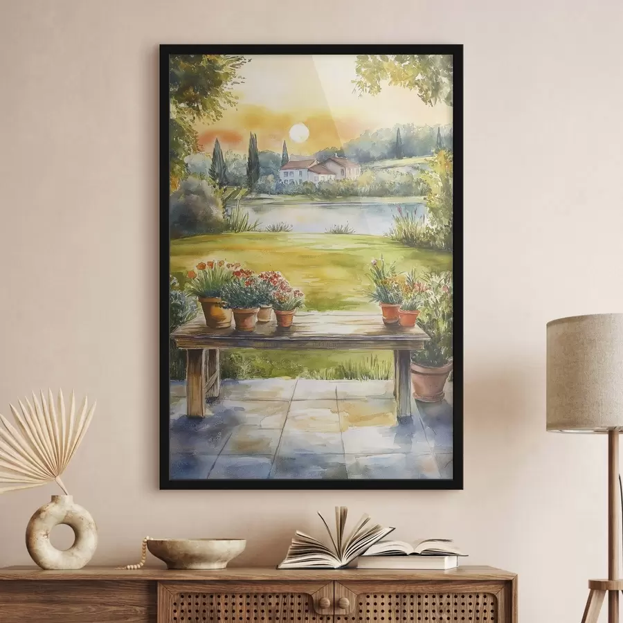 murales de pared Pueblo en la puesta de sol, rústico, flores de verano, lago, estilo acuarela f44016