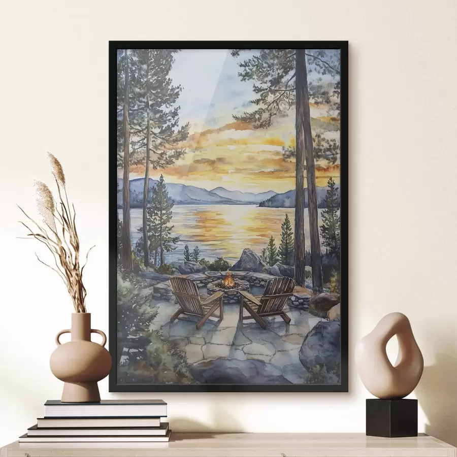 murales de pared Lago con montañas en la puesta de sol, viajar, acogedora chimenea, acuarela f44018