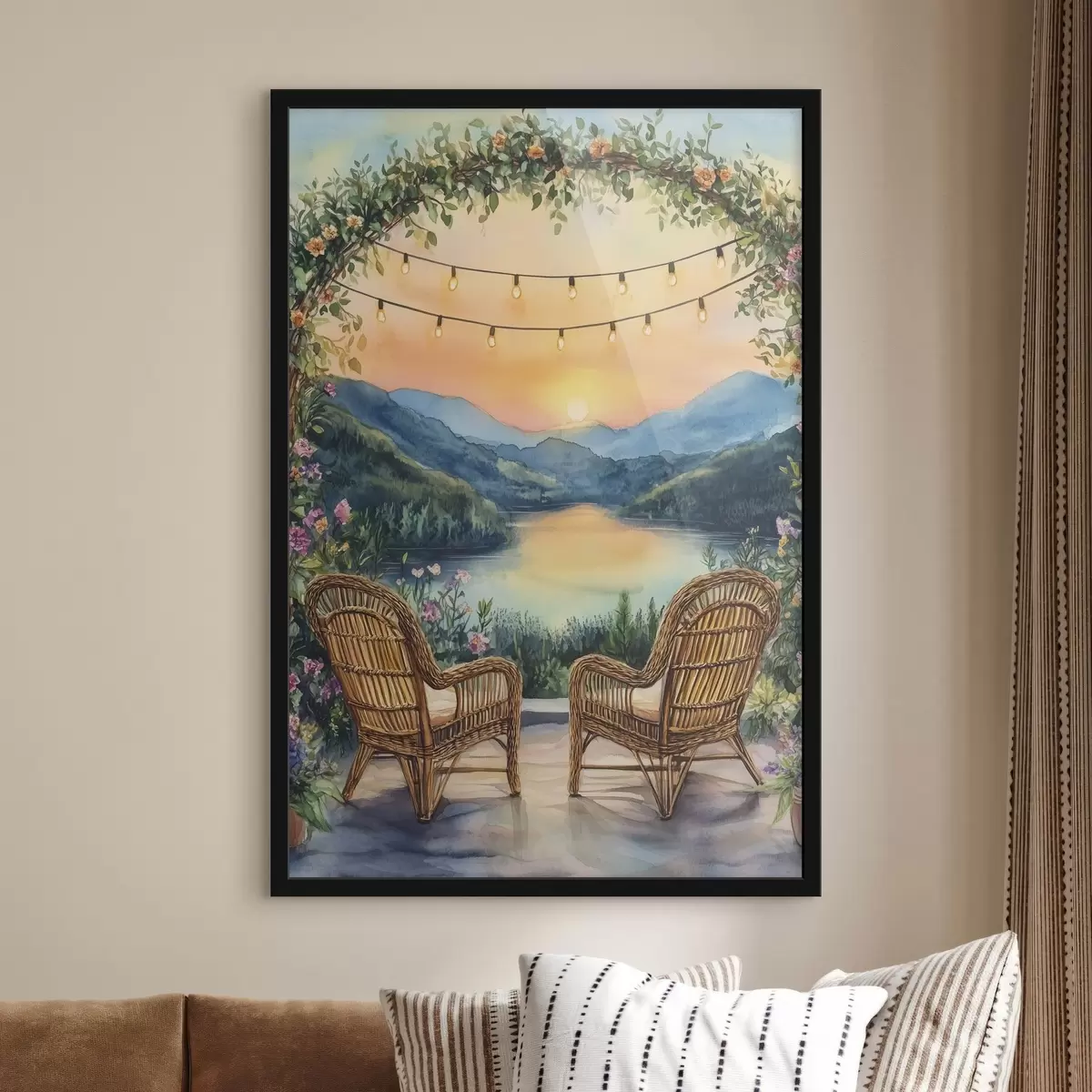 Poster Sillas de mimbre en la puesta de sol, paisaje de montaña, estilo boho f44020