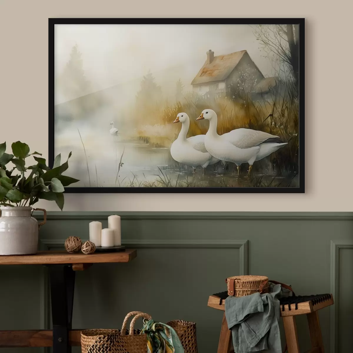 Poster Gansos en el lago cerca de granja, estilo rústico, acuarela f44022