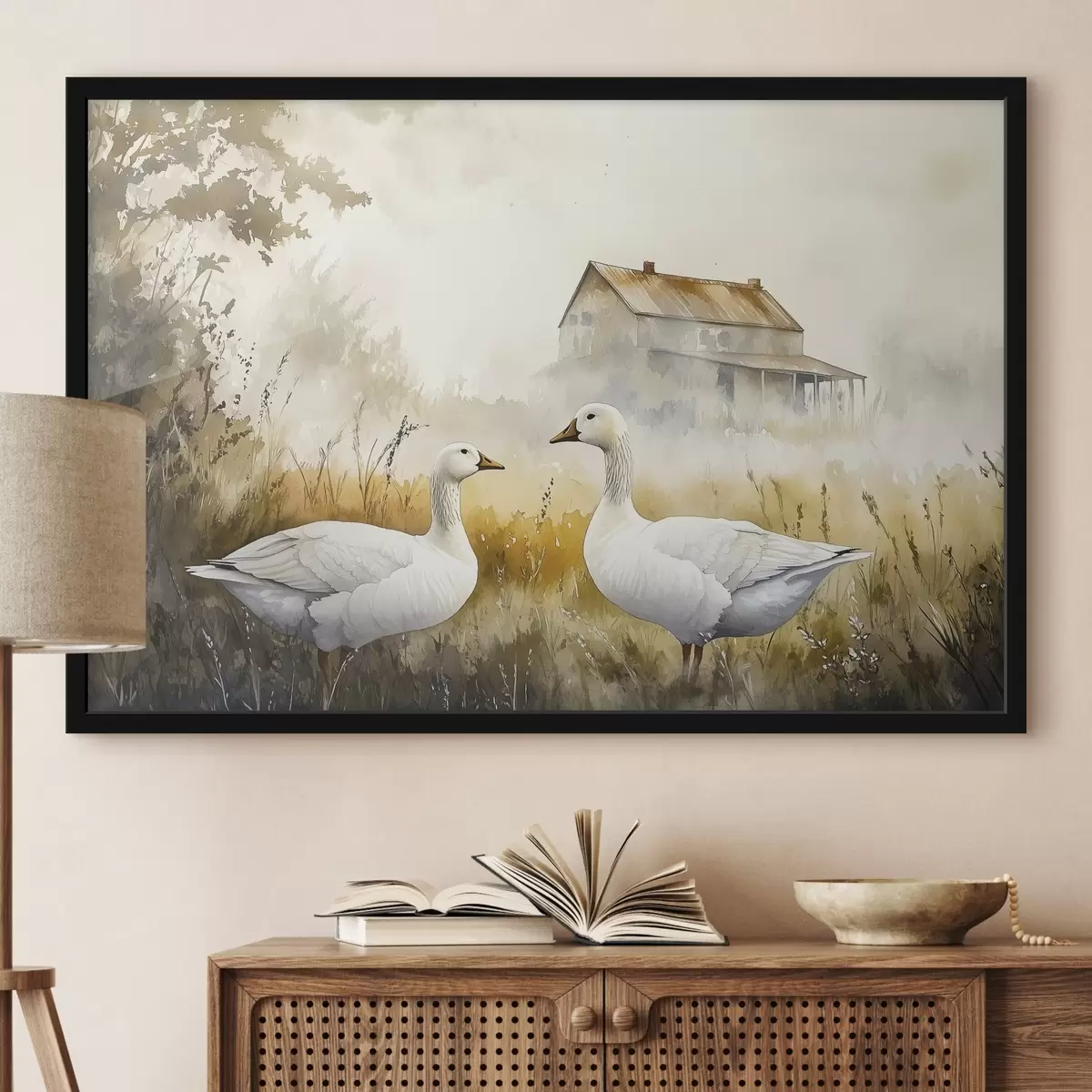 Poster Estilo acuarela gansos en el campo, pueblo, rústico f44024