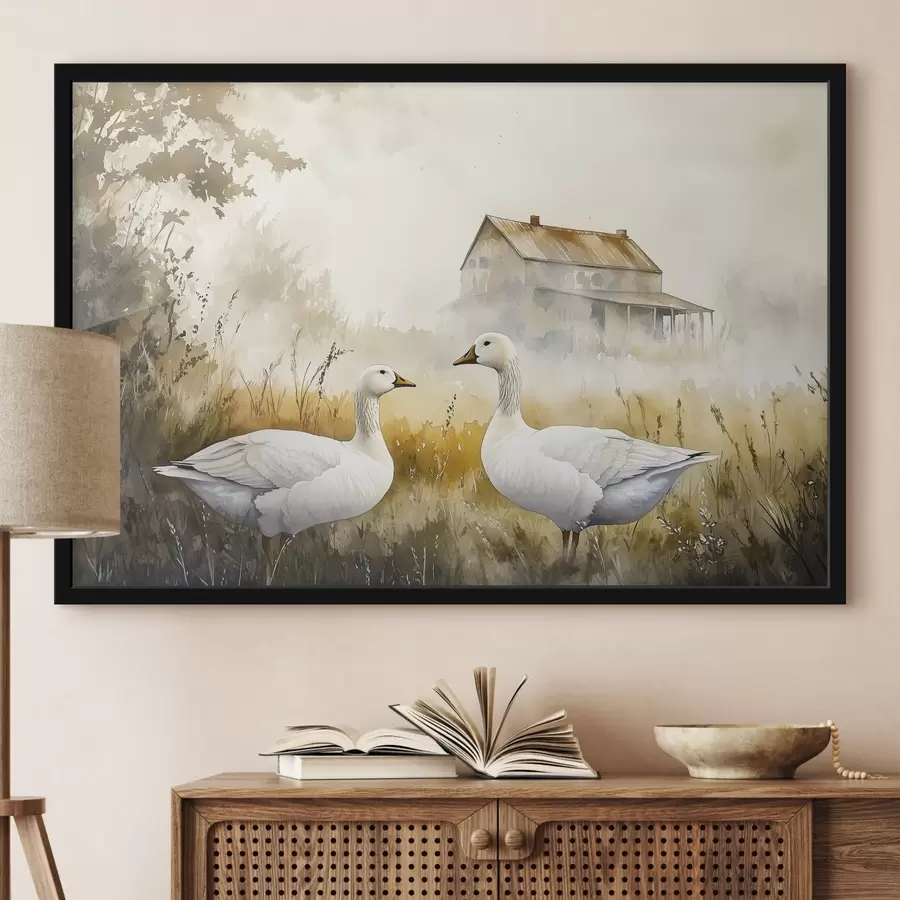 murales de pared Estilo acuarela gansos en el campo, pueblo, rústico f44024
