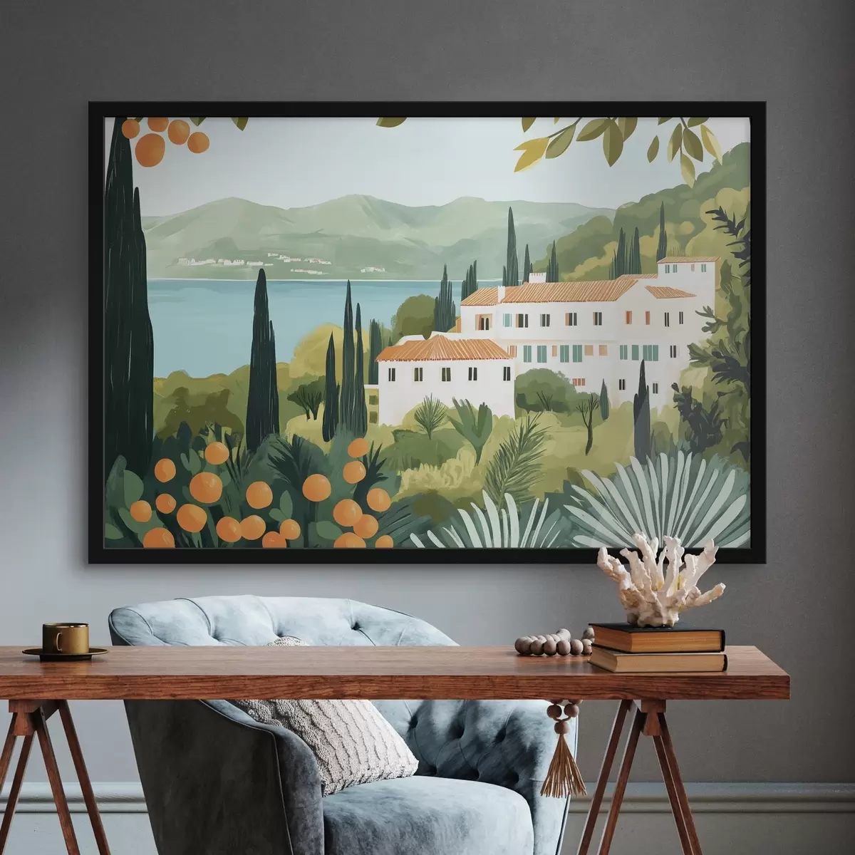 Poster Paisajes mediterráneos con naranjos y casas, costa del mar f44027