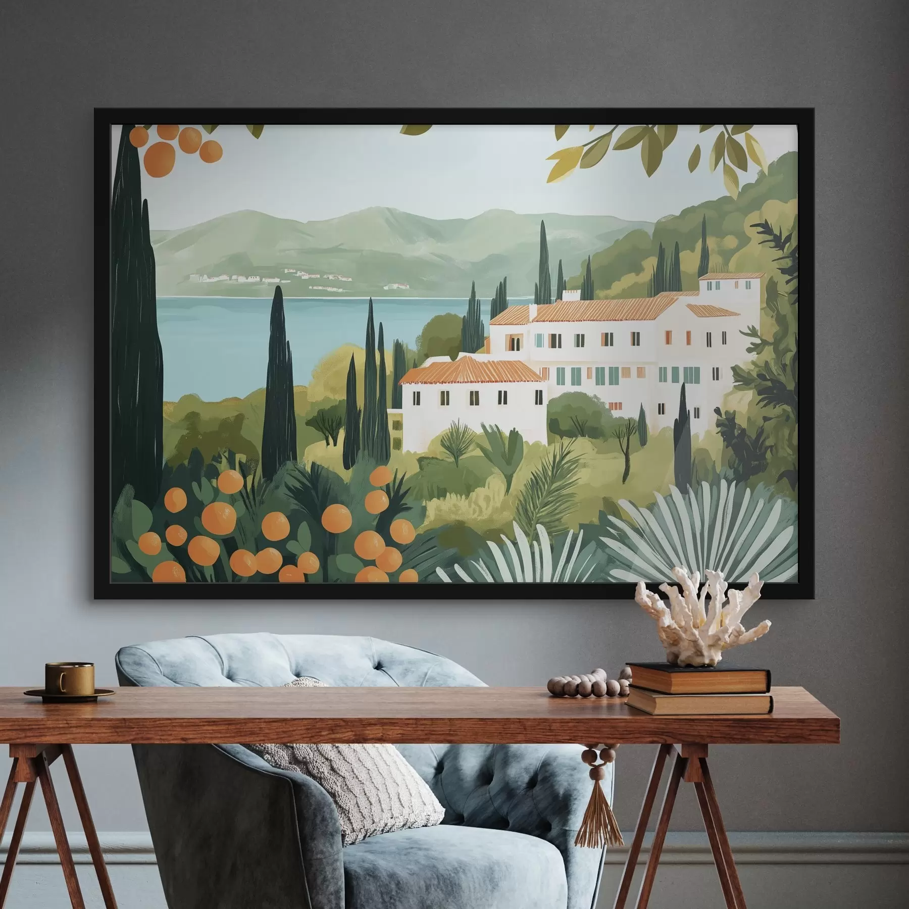 murales de pared Paisajes mediterráneos con naranjos y casas, costa del mar f44027