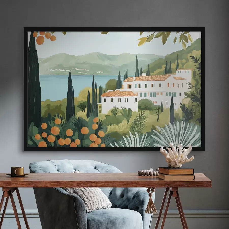 murales de pared Paisajes mediterráneos con naranjos y casas, costa del mar f44027