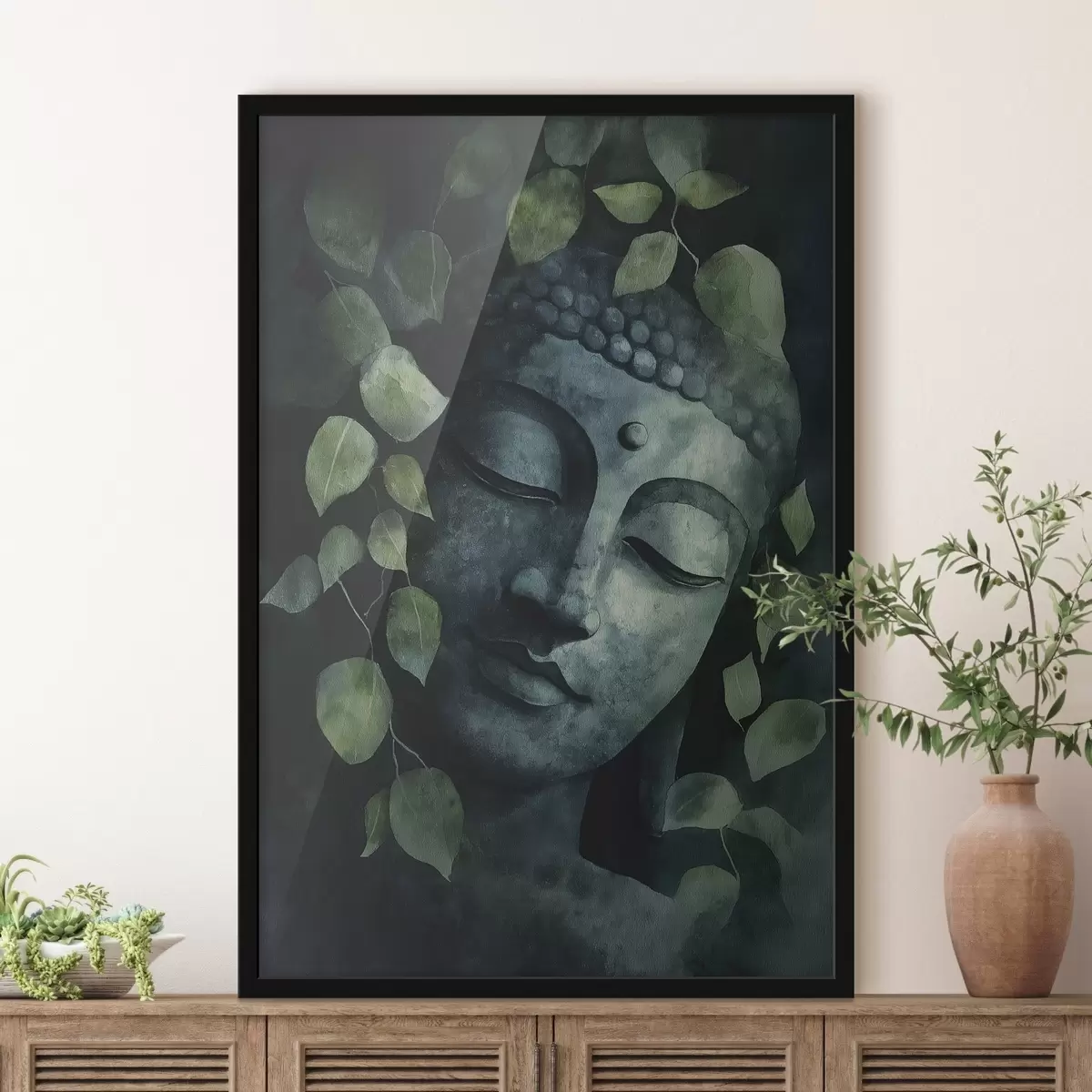 Poster Buda con los ojos cerrados, meditación, colores verdes f44030