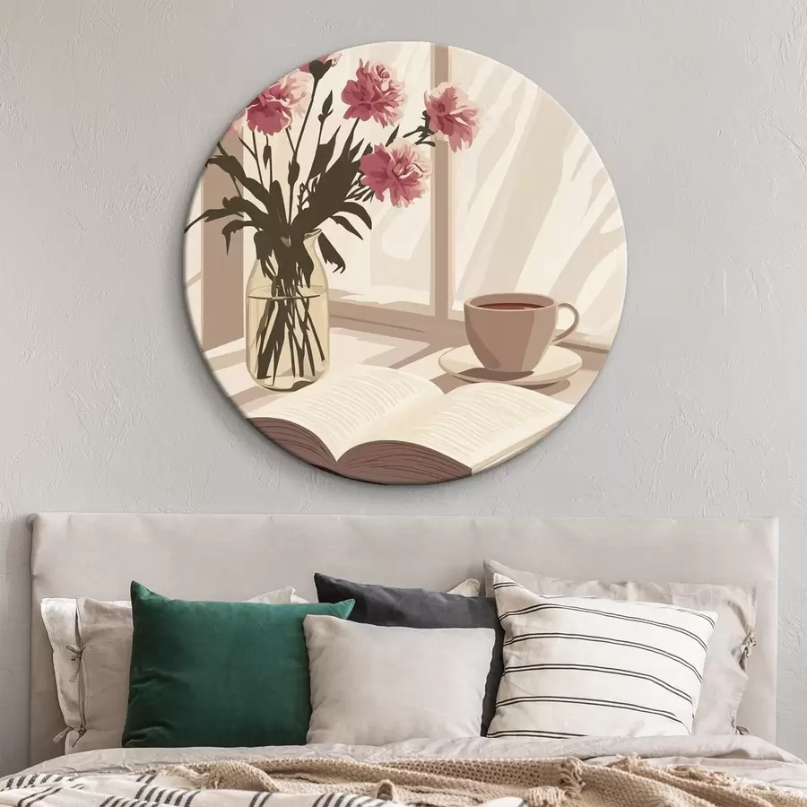 murales de pared Estética matinal, taza de café, libro, flores de clavel r44012