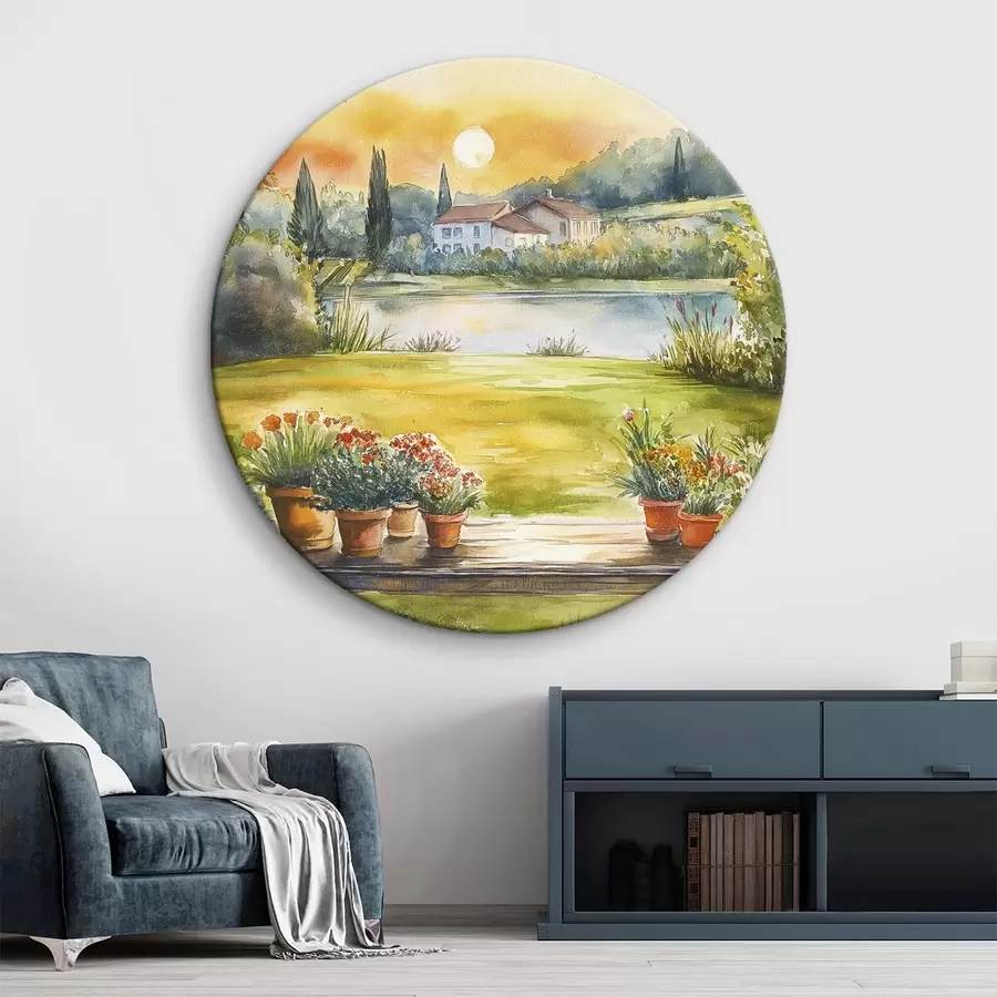 murales de pared Pueblo en la puesta de sol, rústico, flores de verano, lago, estilo acuarela r44016