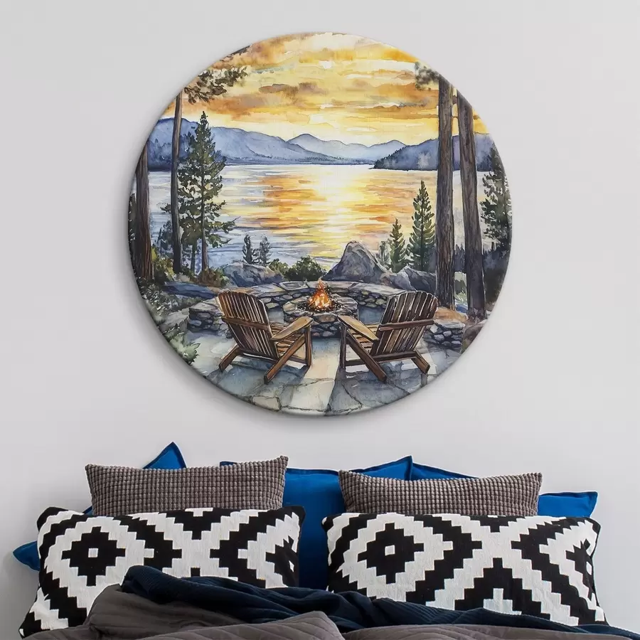 murales de pared Lago con montañas en la puesta de sol, viajar, acogedora chimenea, acuarela r44018