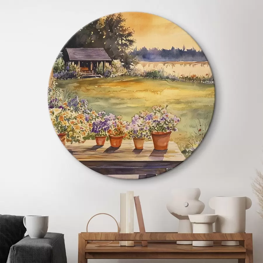 murales de pared Flores en el jardín del pueblo, colores del atardecer, estilo acuarela r44019