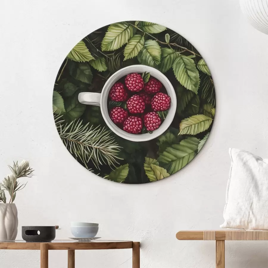 murales de pared Taza de frambuesas en el bosque verde, naturaleza, estilo acuarela r44021