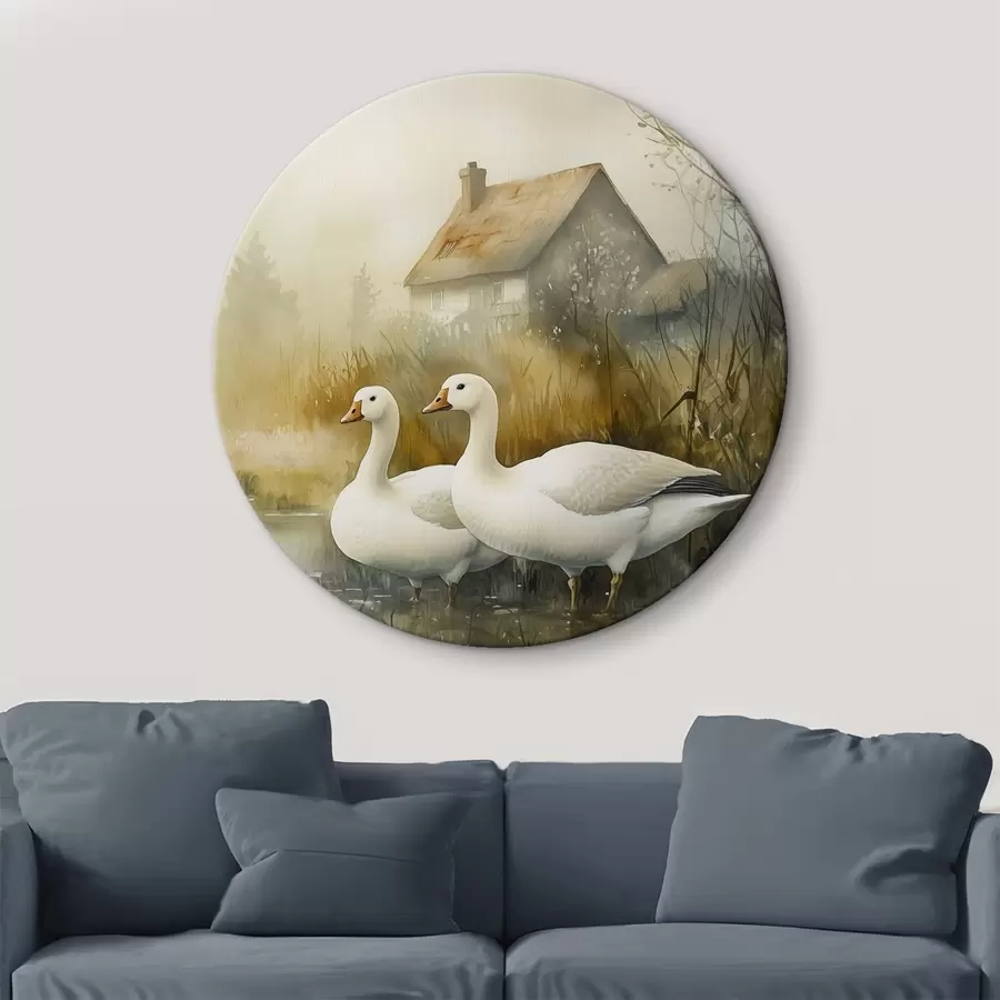 murales de pared Gansos en el lago cerca de granja, estilo rústico, acuarela r44022