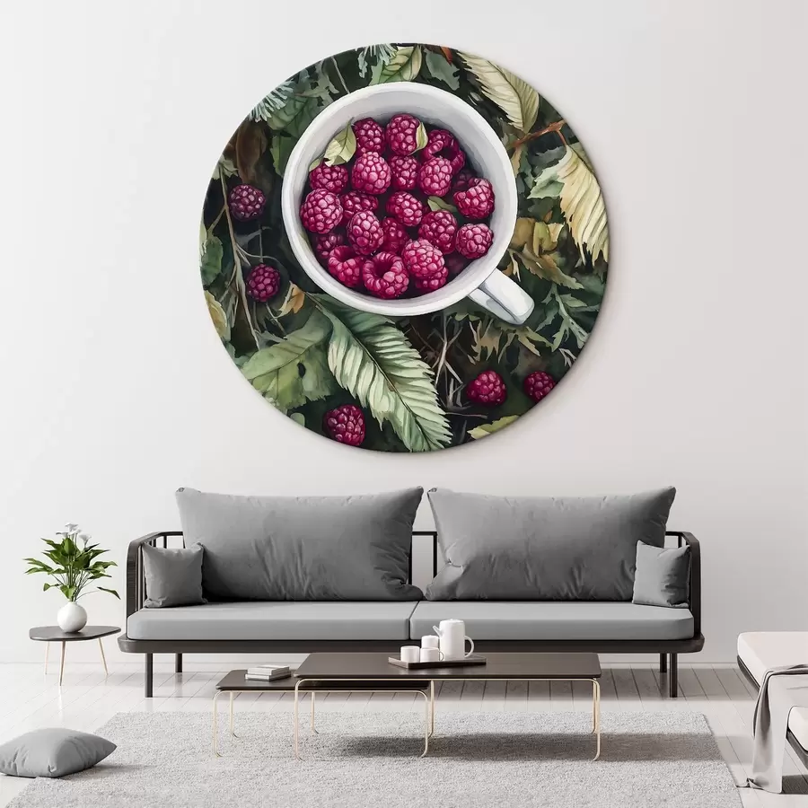 murales de pared Frambuesas jugosas en el bosque, rústico, hojas, estilo acuarela r44023