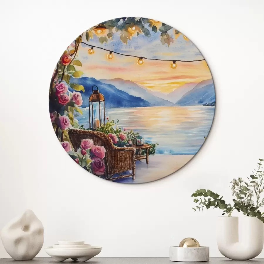 murales de pared Hermosa puesta de sol en las montañas, lago, rosas, estilo boho r44025