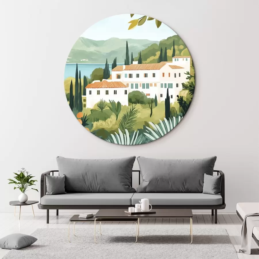 murales de pared Paisajes mediterráneos con naranjos y casas, costa del mar r44027