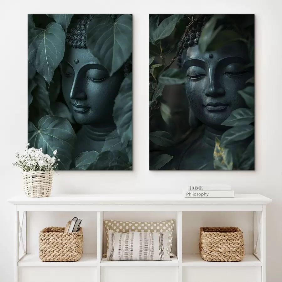 murales de pared Buda meditativo en las hojas verdes, budismo, tropical, realismo m00447