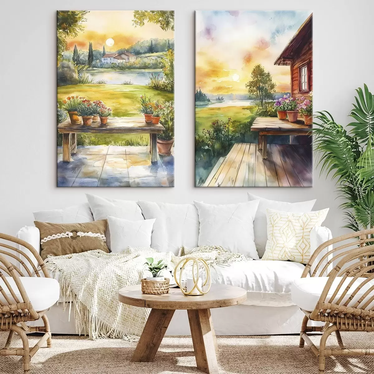 murales de pared Pueblo de verano, puesta de sol, rústico, flores, lago, estilo acuarela m00449