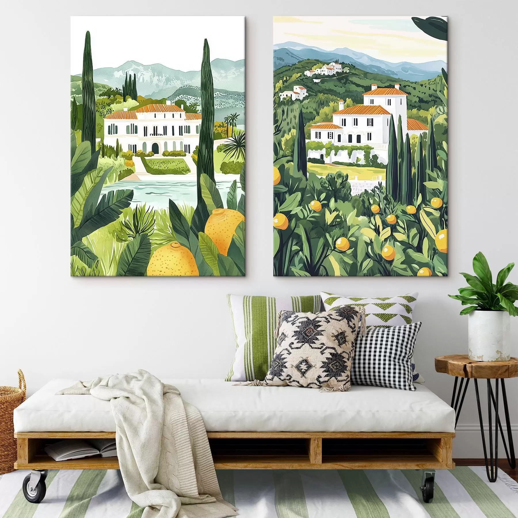 murales de pared Paisajes mediterráneos con árboles y casas, costa del mar, España m00450