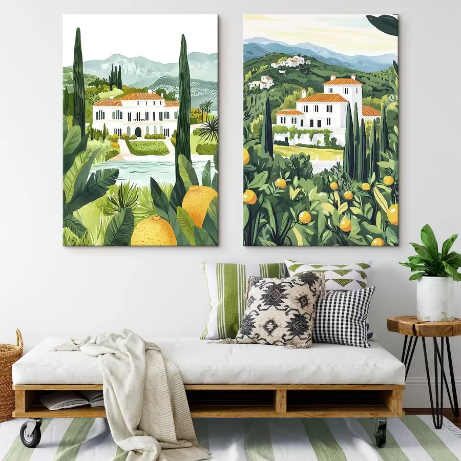 murales de pared Paisajes mediterráneos con árboles y casas, costa del mar, España m00450