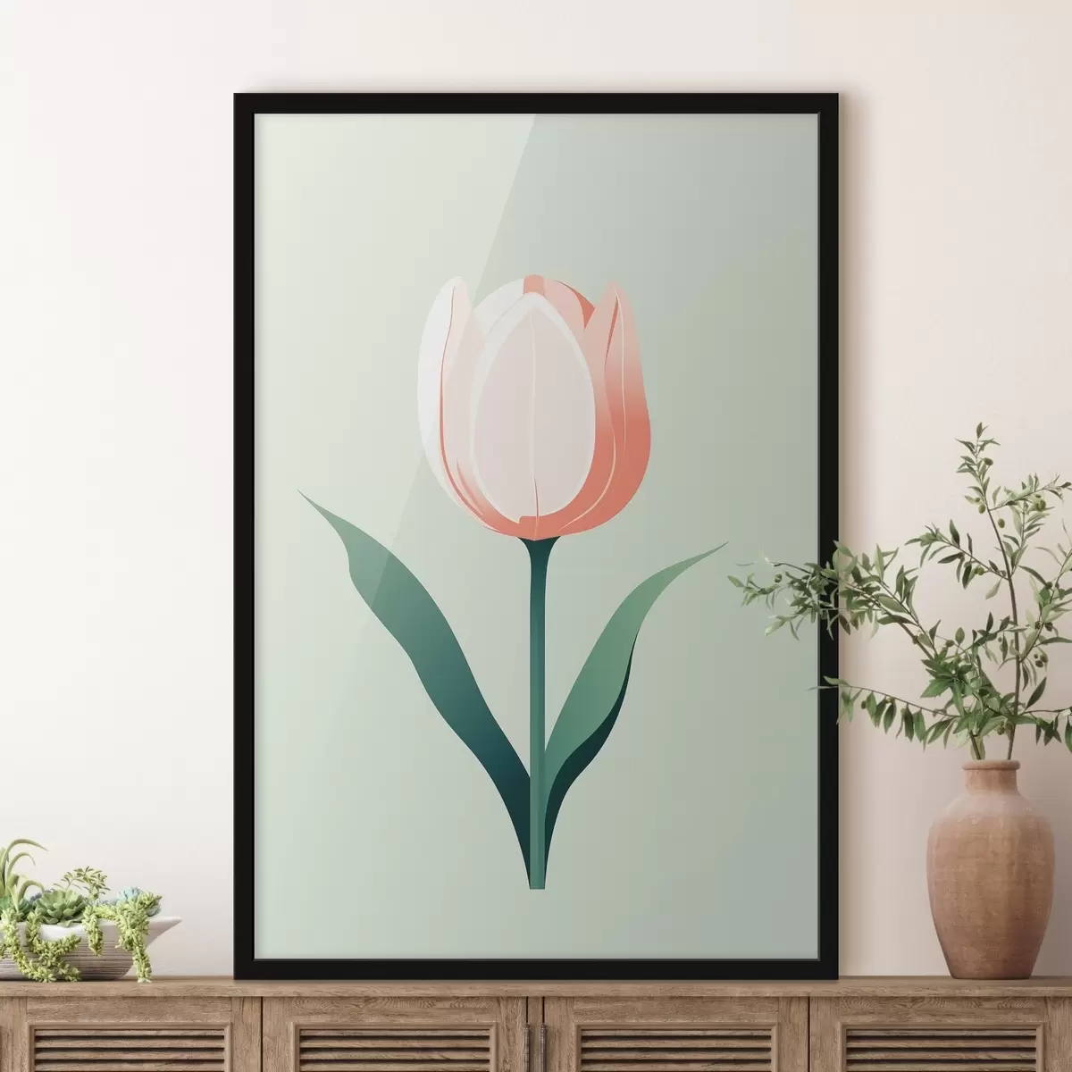 Poster Tulipán pintado sobre fondo verde claro f44000
