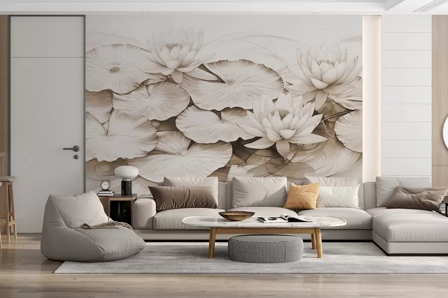 murales de pared Nenúfares y nenúfares en un estanque, marrón y blanco imitación de dibujo a lápiz, ilustración botánica detallada, arte de la naturaleza w09006v2