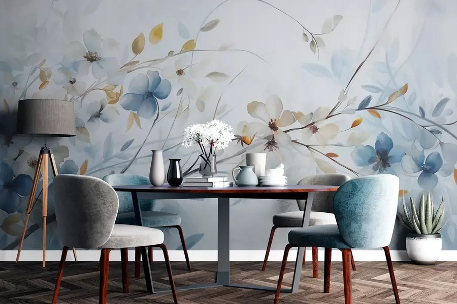 murales de pared Arreglo floral con hojas azules y naranjas y flores blancas, pétalos delicados, ramas finas, colores suaves, efecto acuarela w09009