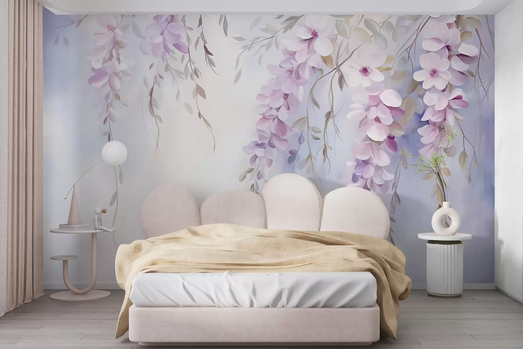 murales de pared Flores de glicinia con pétalos lilas y hojas verdes colgando de las ramas, suaves colores pastel, fondo color pastel w09010