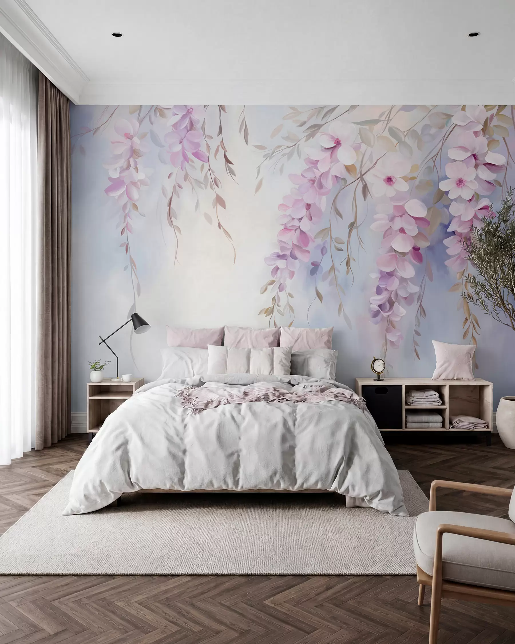 murales de pared Flores de glicinia con pétalos lilas y hojas verdes colgando de las ramas, suaves colores pastel, fondo color pastel w09010