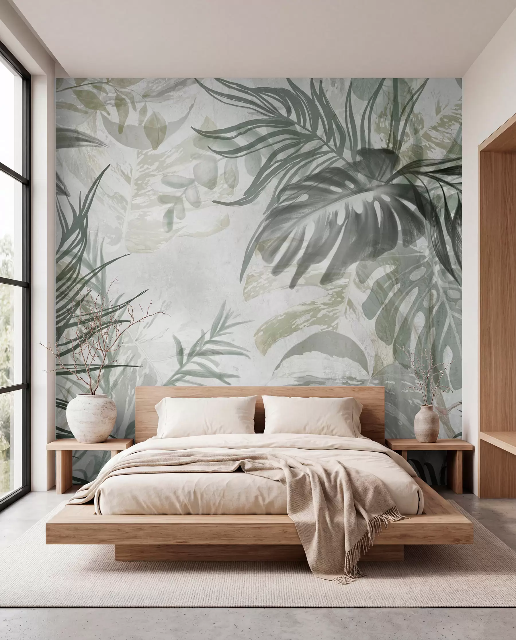 murales de pared Capas tropicales en verde gris w09011