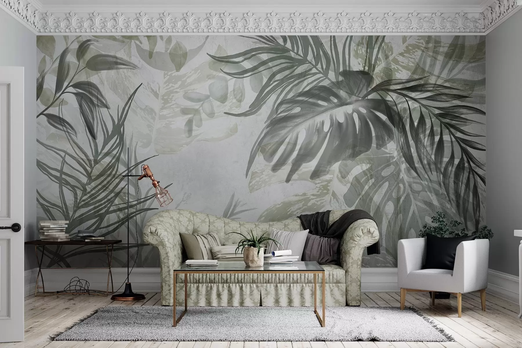 murales de pared Monstera y hojas de palma en tonos de verde y gris, botánico, follaje tropical, plantas de la selva, fondo texturizado w09011