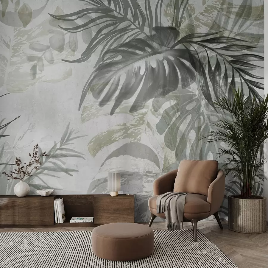 murales de pared Monstera y hojas de palma en tonos de verde y gris, botánico, follaje tropical, plantas de la selva, fondo texturizado w09011