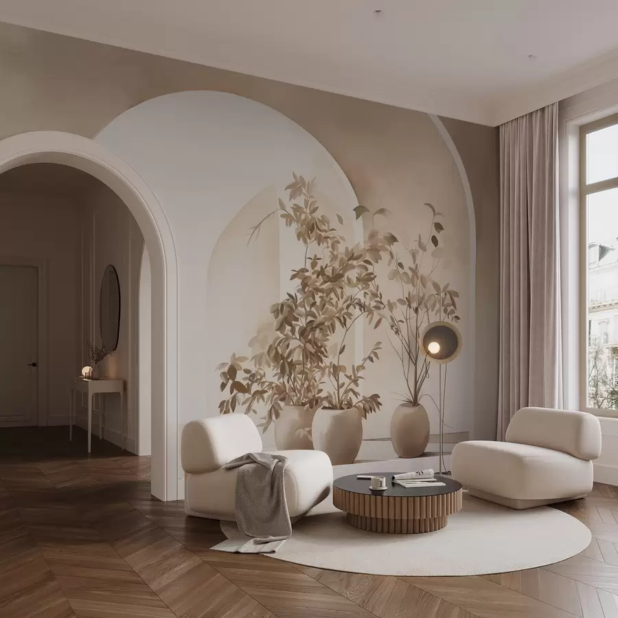 murales de pared Plantas en macetas con tonos beige delante de arcos abstractos, estilo minimalista, elegante y limpio, fondo neutro w09013