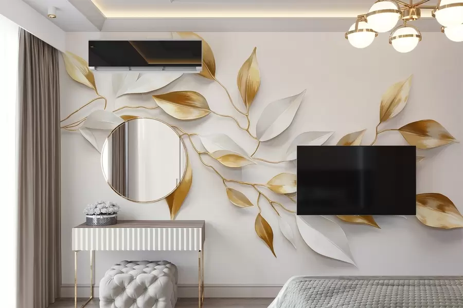 murales de pared Hojas amarillas y blancas sobre una rama , diseño elegante, fondo blanco, estilo minimalista, arte decorativo , inspirado en la naturaleza w09015