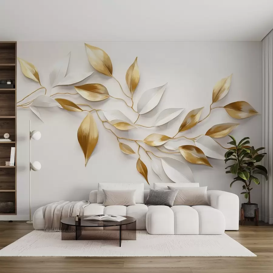 murales de pared Hojas amarillas y blancas sobre una rama , diseño elegante, fondo blanco, estilo minimalista, arte decorativo , inspirado en la naturaleza w09015
